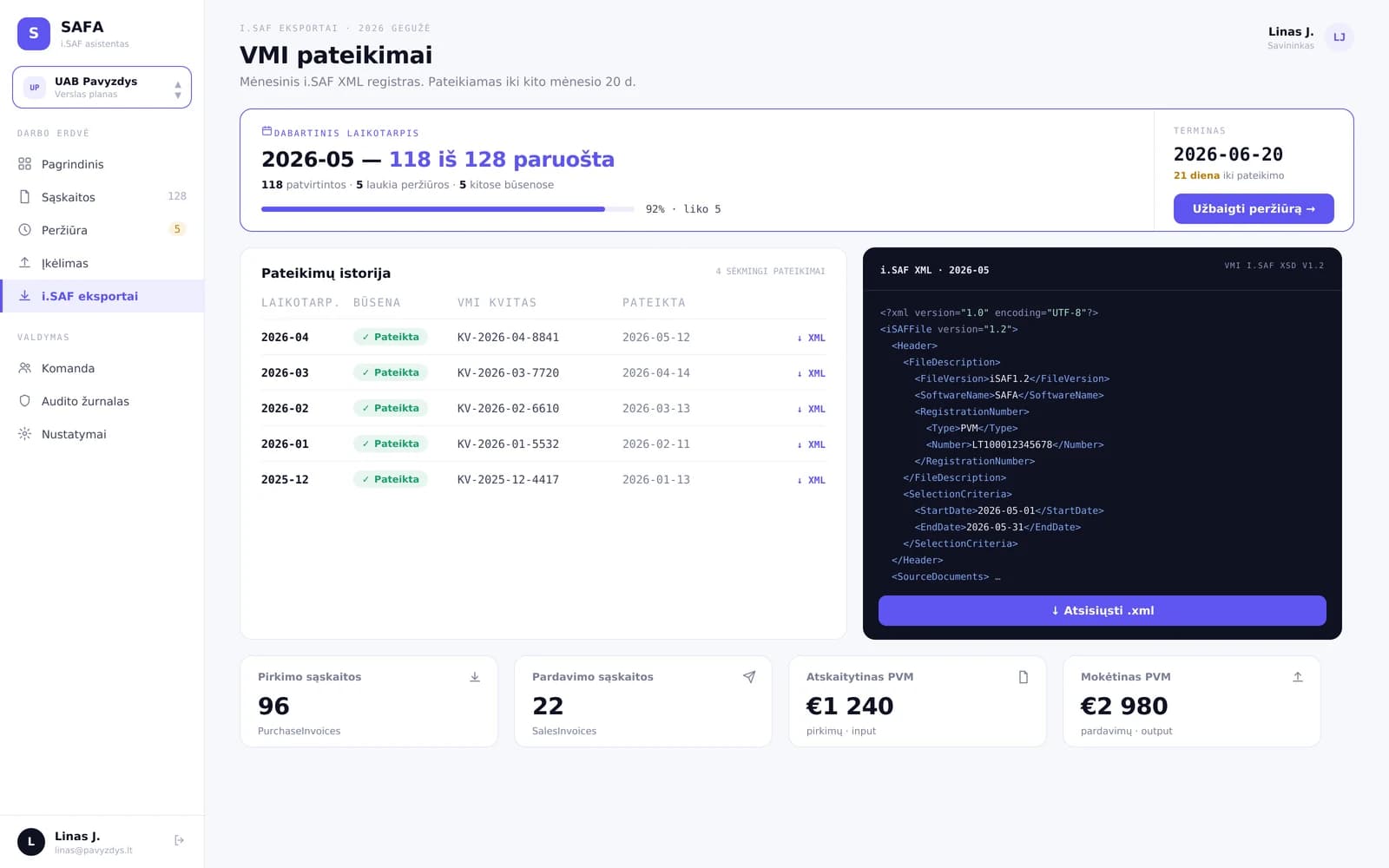 i.SAF XML eksportas iš SAFA